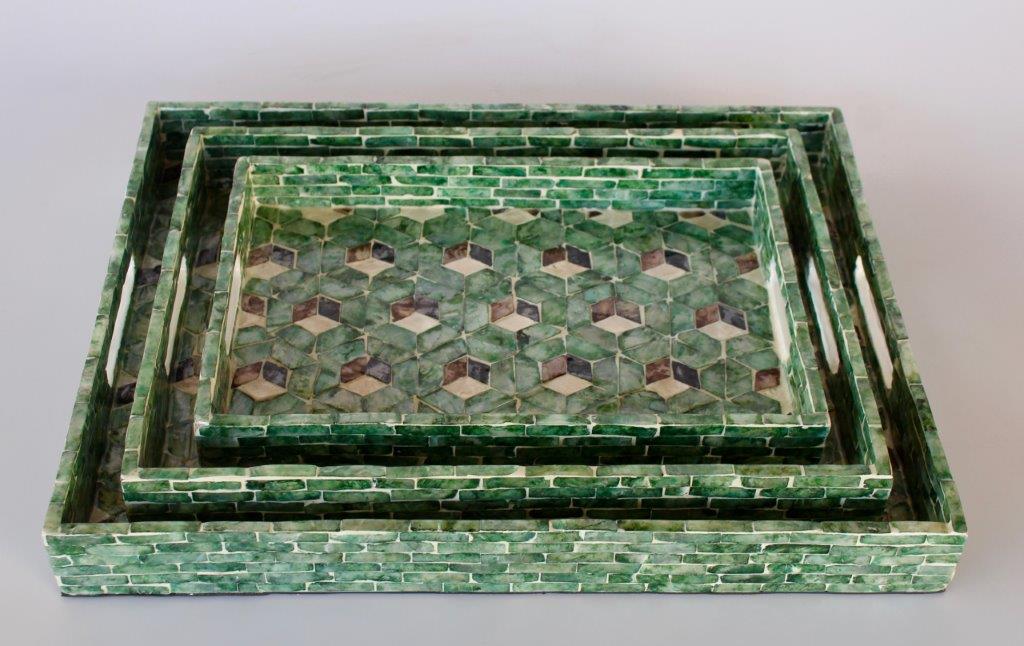 Set Of 3 Green Geometric Rectangular Capiz Trays